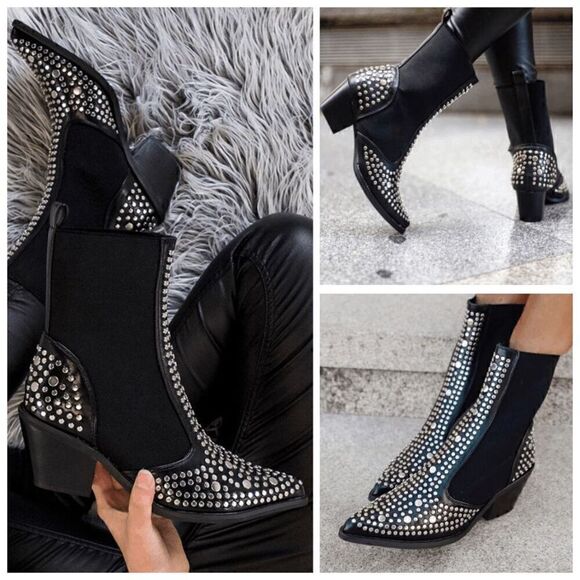 Studded Ankle Boots Block Chunky Heels Chelsea Shoes Slip On SIZE 6,5 NEW IN BOX - Picture 16 of 17